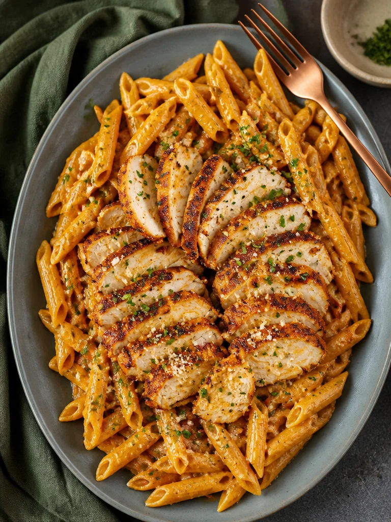 Creamy Blackened Chicken Alfredo Pasta topped with herbs and cheese