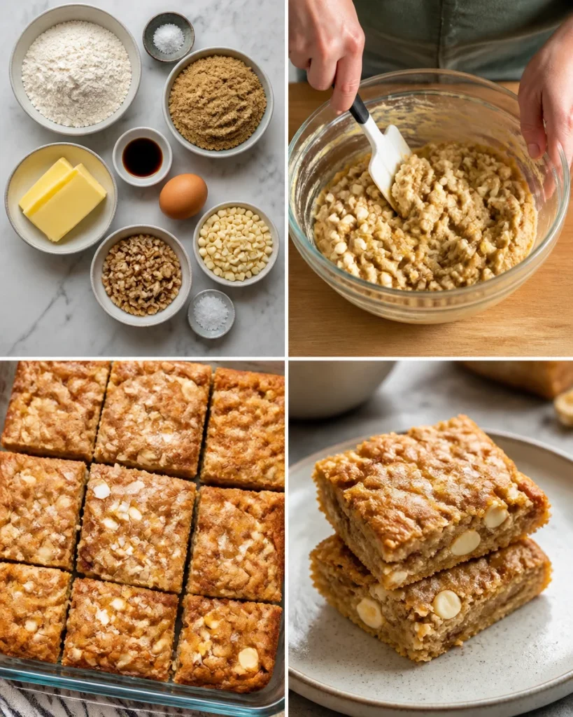 Homemade blondies topped with chocolate chips and nuts