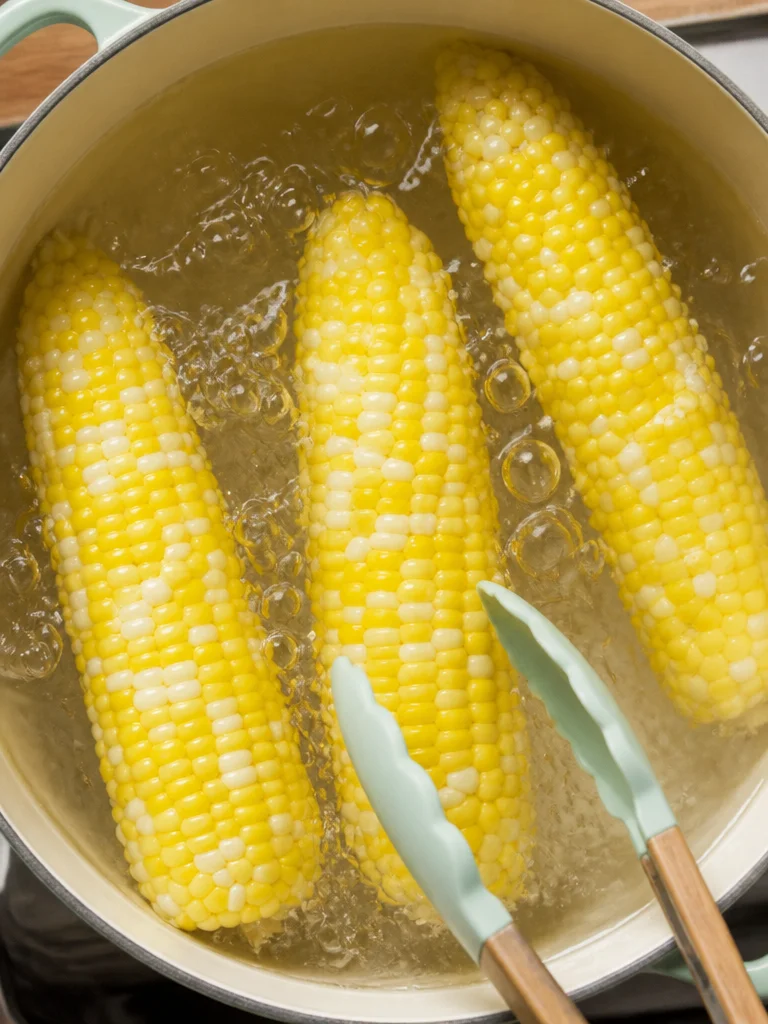Boiled Corn on the Cob Freshly boiled corn on the cob ready to be served with butter and seasonings.
