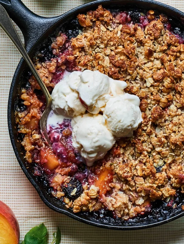 Brown Butter Blueberry Peach Crisp topped with golden crumble and fresh fruit