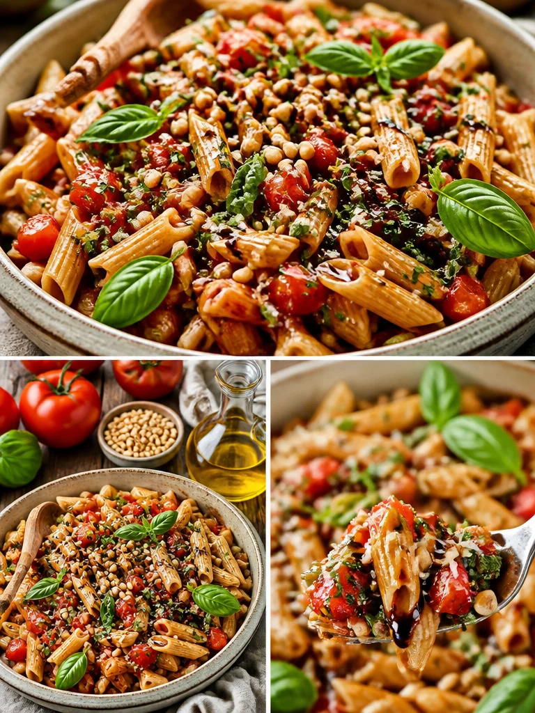 Bruschetta summer pasta salad with tomatoes, basil, and pasta