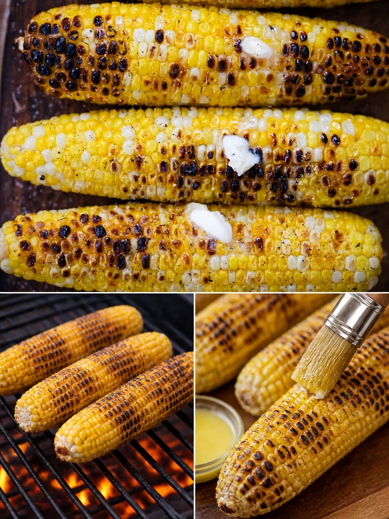 Grilled charred corn on the cob with smoky flavor and herbs