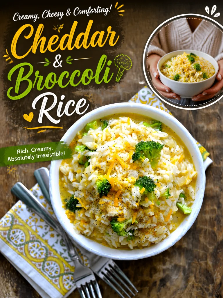 Creamy cheddar broccoli rice dish garnished with fresh broccoli florets.