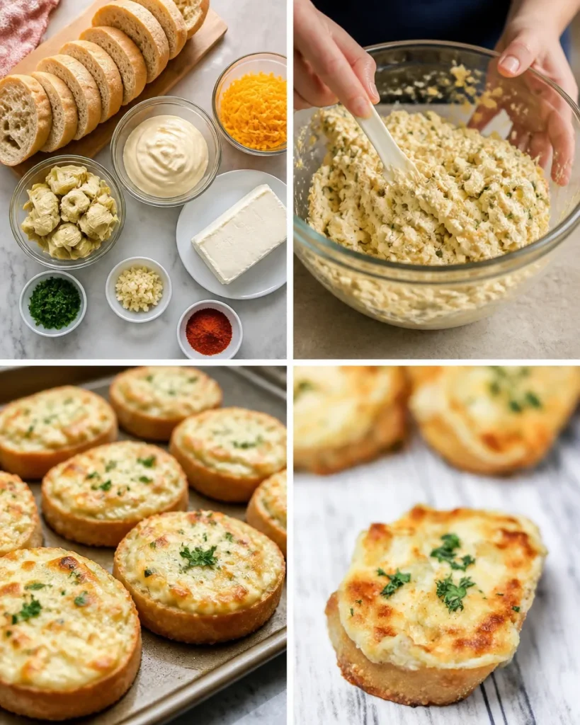 Delicious cheesy artichoke bruschetta topped with herbs on a wooden platter.