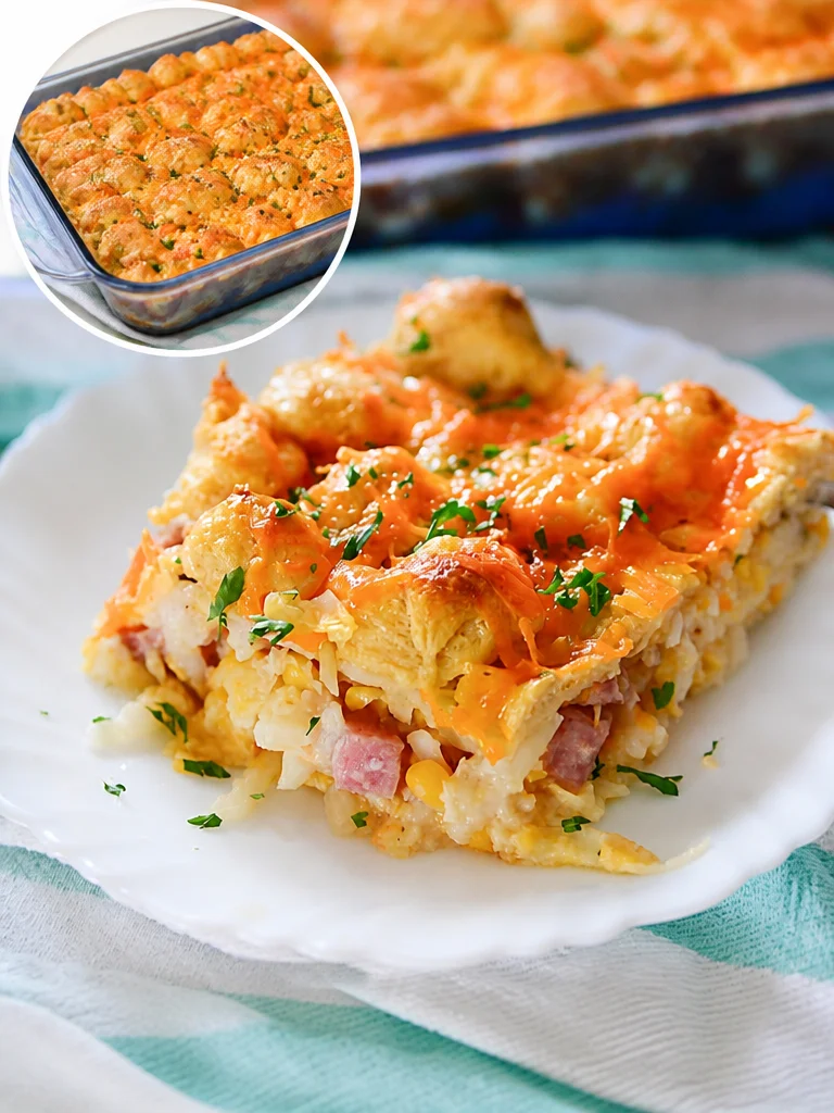 CHEESY HAM AND HASHBROWN CASSEROLE Cheesy ham and hashbrown casserole served in a baking dish