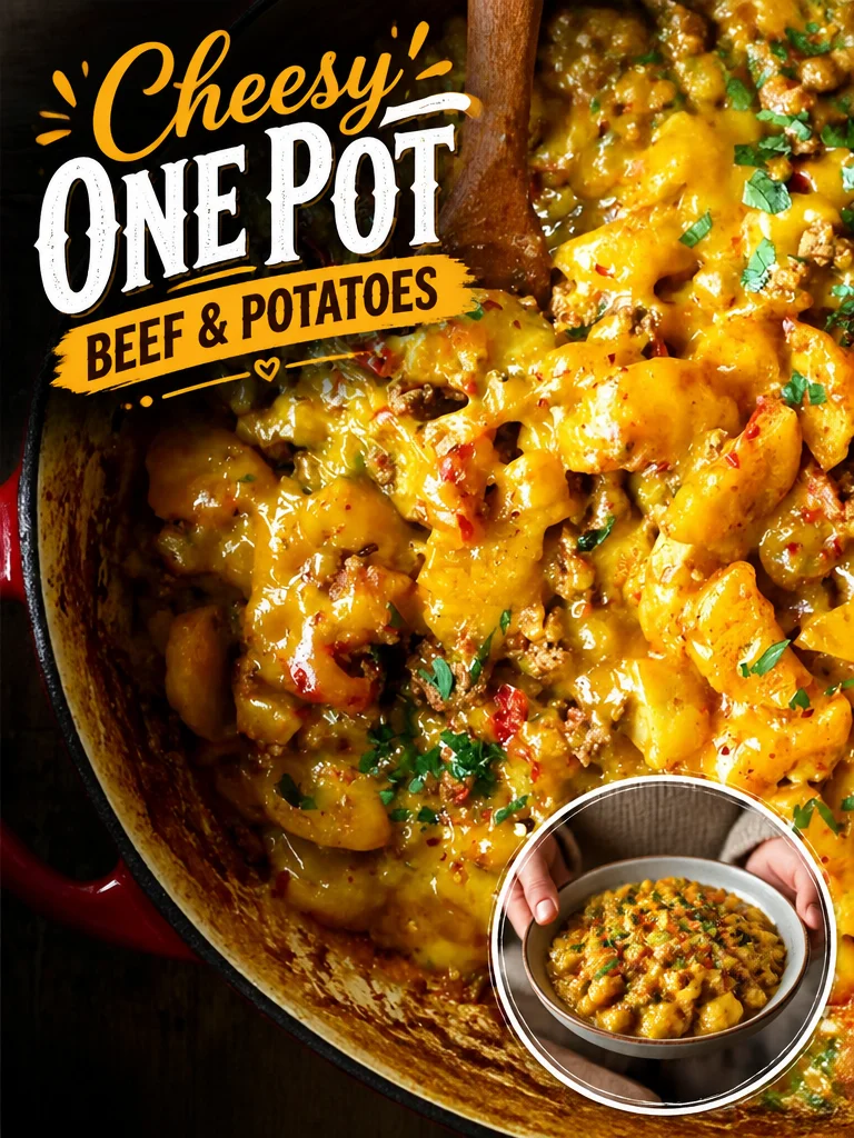 Delicious cheesy one pot beef and potatoes dish served in a rustic bowl.