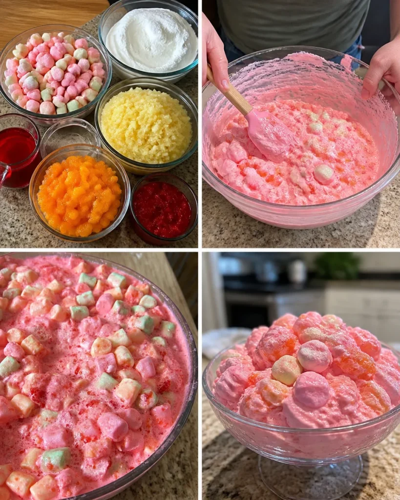 Cherry Marshmallow Jello Salad with colorful layers and fluffy marshmallows
