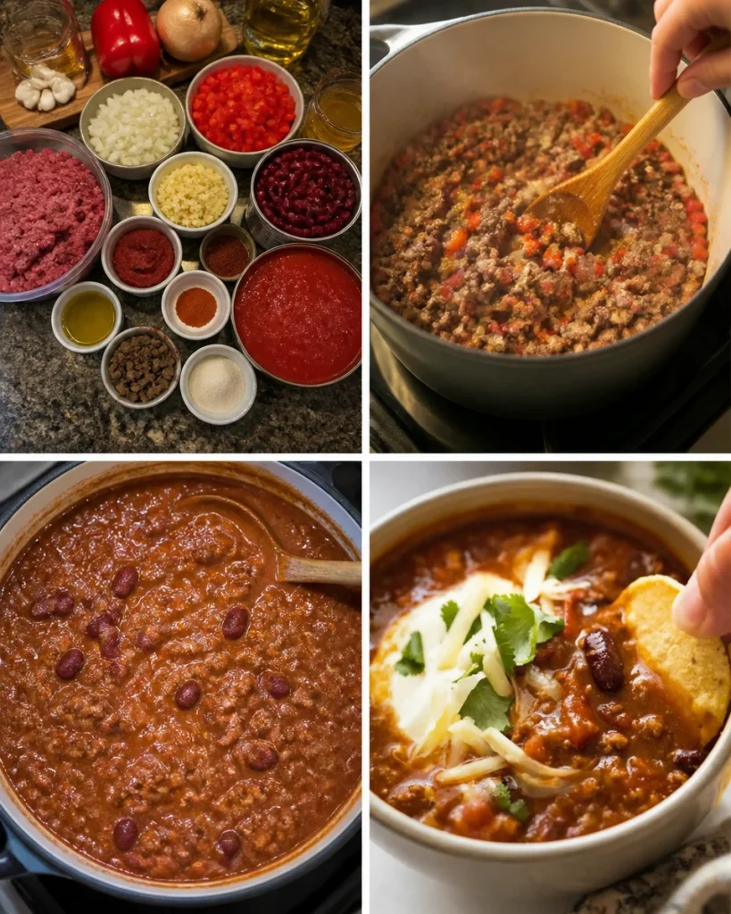 Bowl of spicy chili with meat topped with cheese and herbs