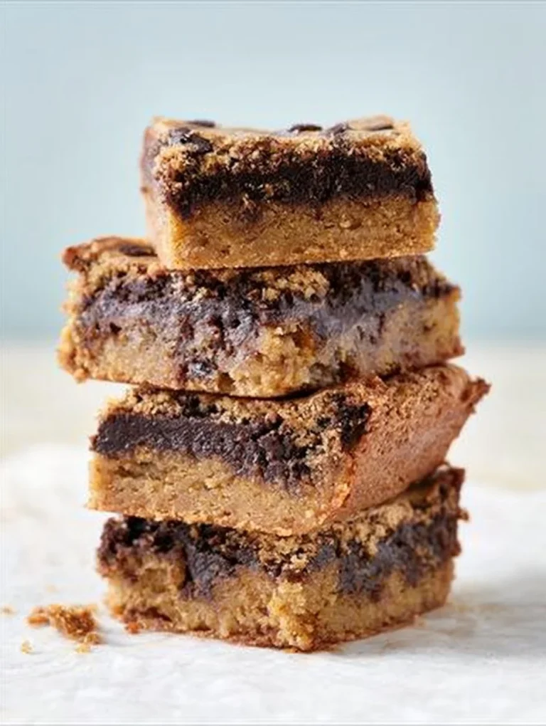 Delicious chocolate chip brownie bars on a rustic plate