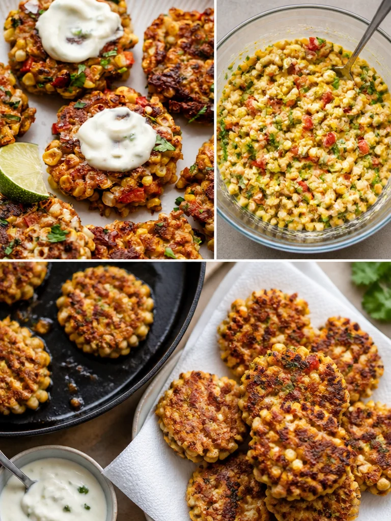 Delicious corn fritters with zesty Greek yogurt sauce on a plate