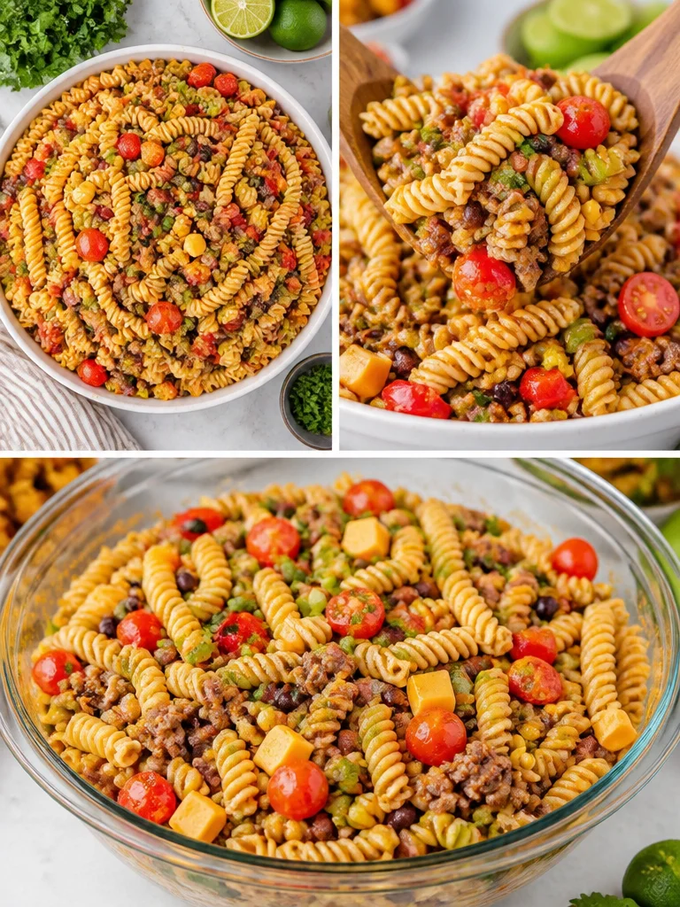 A vibrant bowl of Cowboy Pasta Salad with fresh ingredients and rustic flavors.