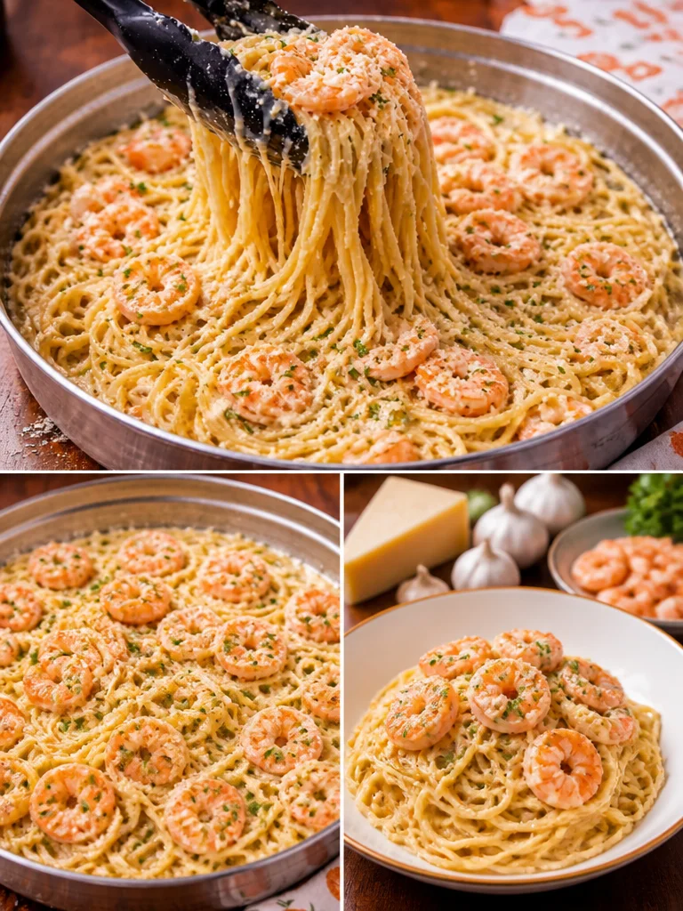Creamy, Cheesy Four Cheese Garlic Shrimp Pasta! It only takes a few ingredients to come out with an award-winning, restaurant-quality meal! Delicious Four Cheese Garlic Shrimp Pasta with creamy sauce and shrimp