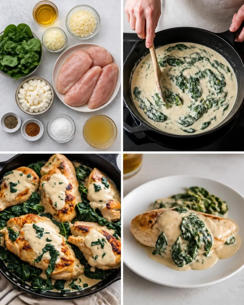 Creamy chicken spinach skillet with vibrant green spinach and tender chicken pieces
