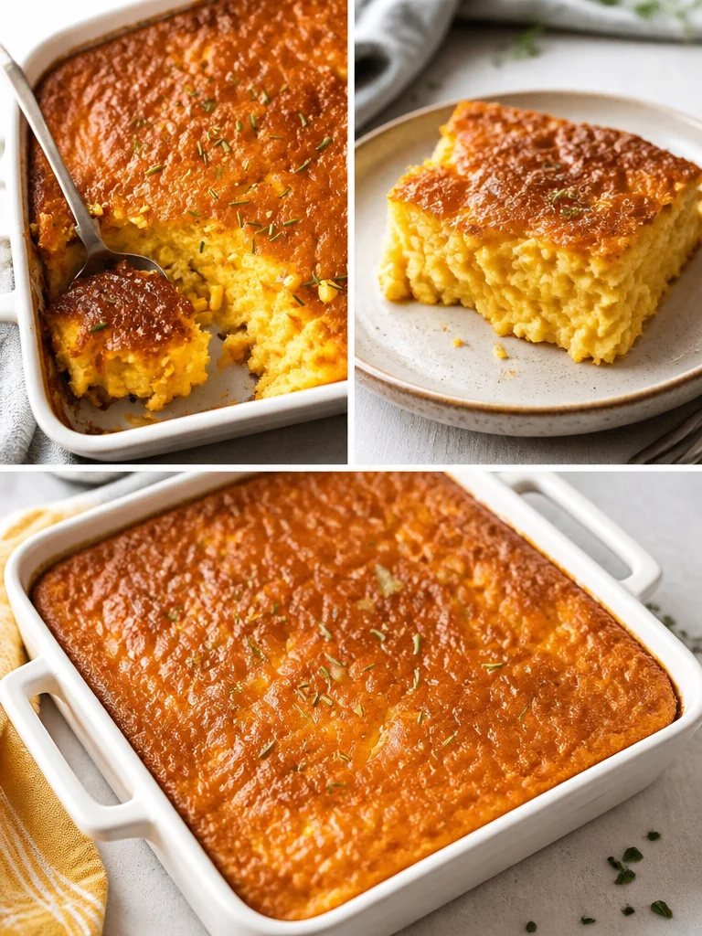 Creamy corn casserole dish served in a baking dish.