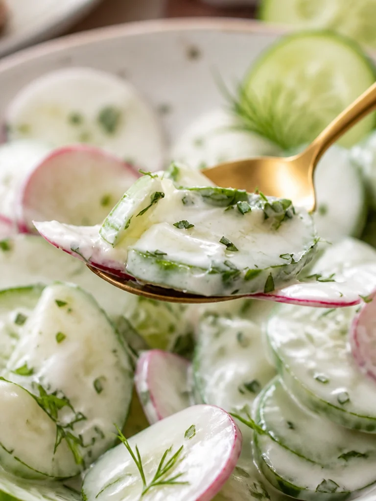 Creamy cucumber salad with yogurt and lemon dressing served in a bowl.