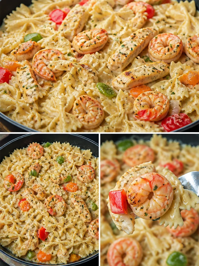 Creamy pasta with chicken and shrimp served in a bowl, garnished with herbs.