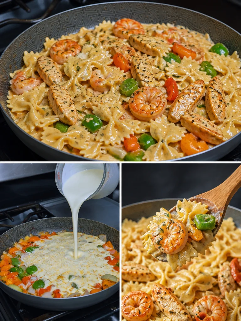 Creamy pasta with chicken and shrimp garnished with herbs