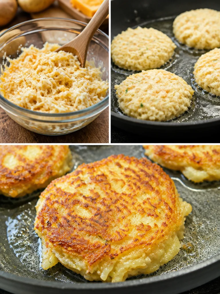 Crispy Cheesy Hash Browns Plate of crispy cheesy hash browns, golden brown and garnished with herbs.