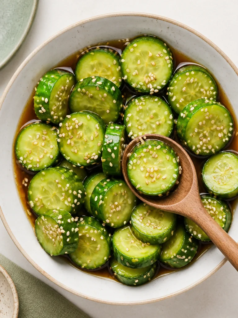 Crispy Cucumber Salad with Sesame Crispy cucumber salad with sesame dressing in a bowl