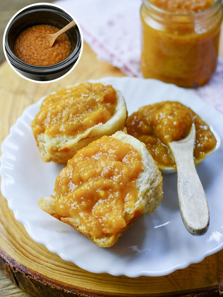 Crockpot Peach Butter Homemade Crockpot Peach Butter in a jar with fresh peaches