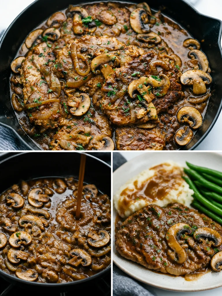 Cooked cube steak served with gravy and vegetables on a plate