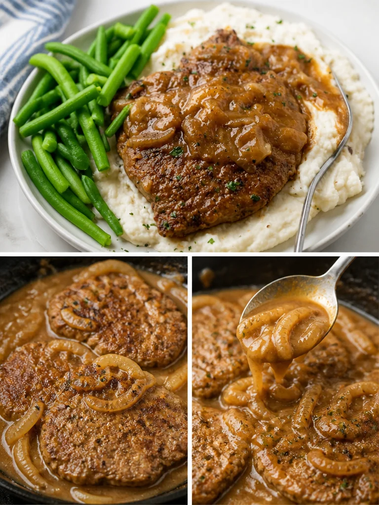Delicious cube steak recipe served with garlic mashed potatoes and vegetables