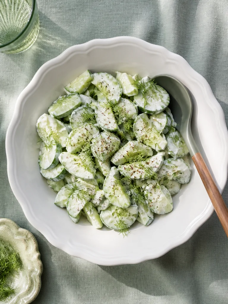 Cucumber Salad with Dill and Sour Cream Cucumber salad with dill and sour cream served in a bowl