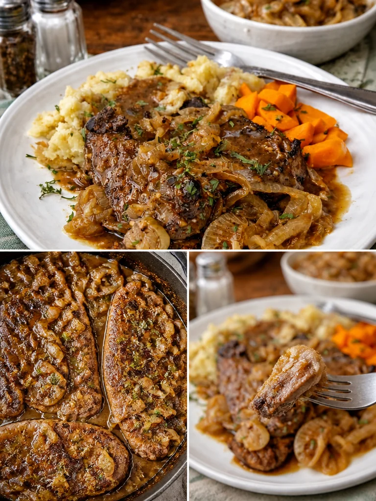 Delicious liver and onions dish served on a plate, reminiscent of childhood meals.