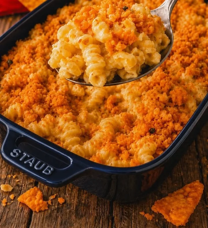 Doritos Pasta Casserole topped with crunchy Doritos and melted cheese