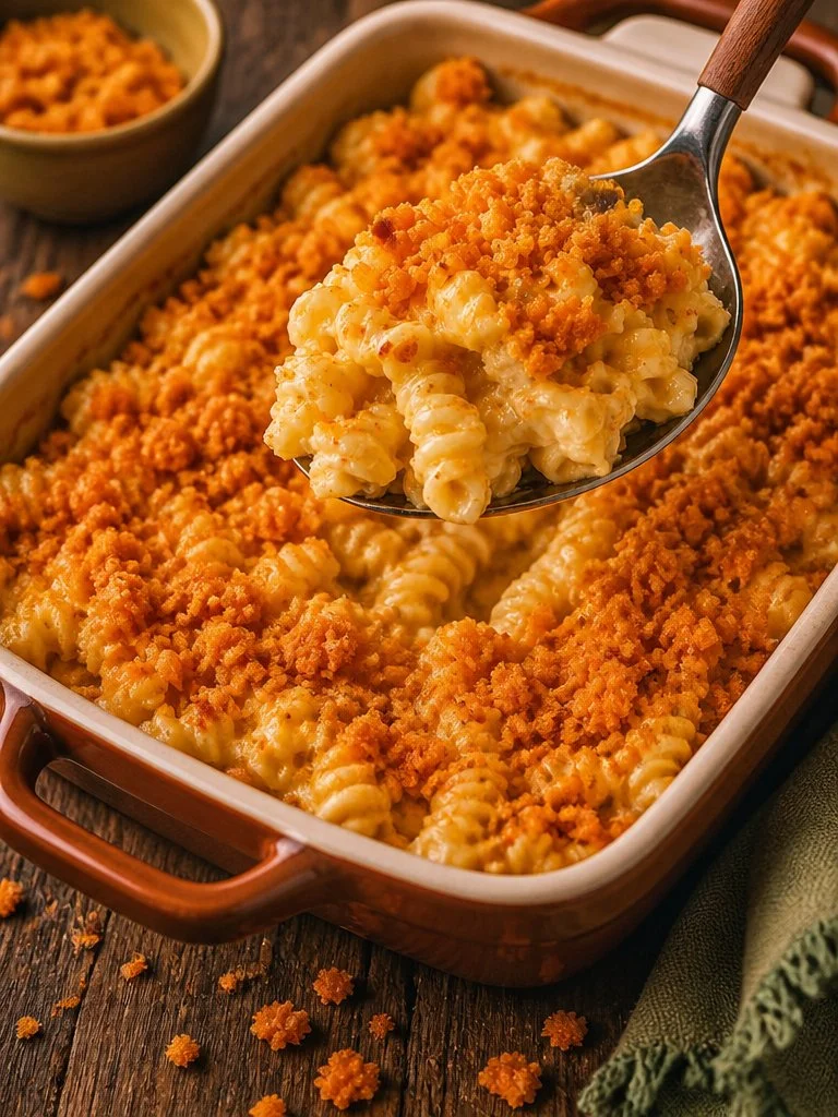 Delicious Doritos Pasta Casserole topped with cheese and crunchy Doritos