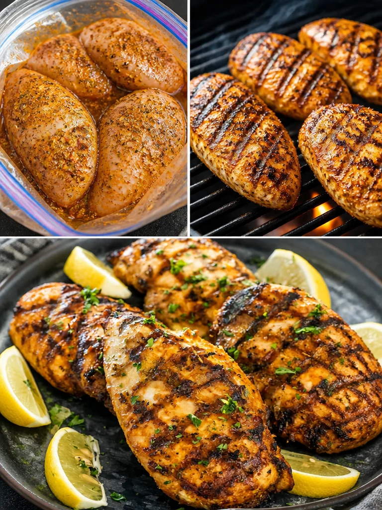 Juicy grilled chicken breast served on a plate garnished with herbs