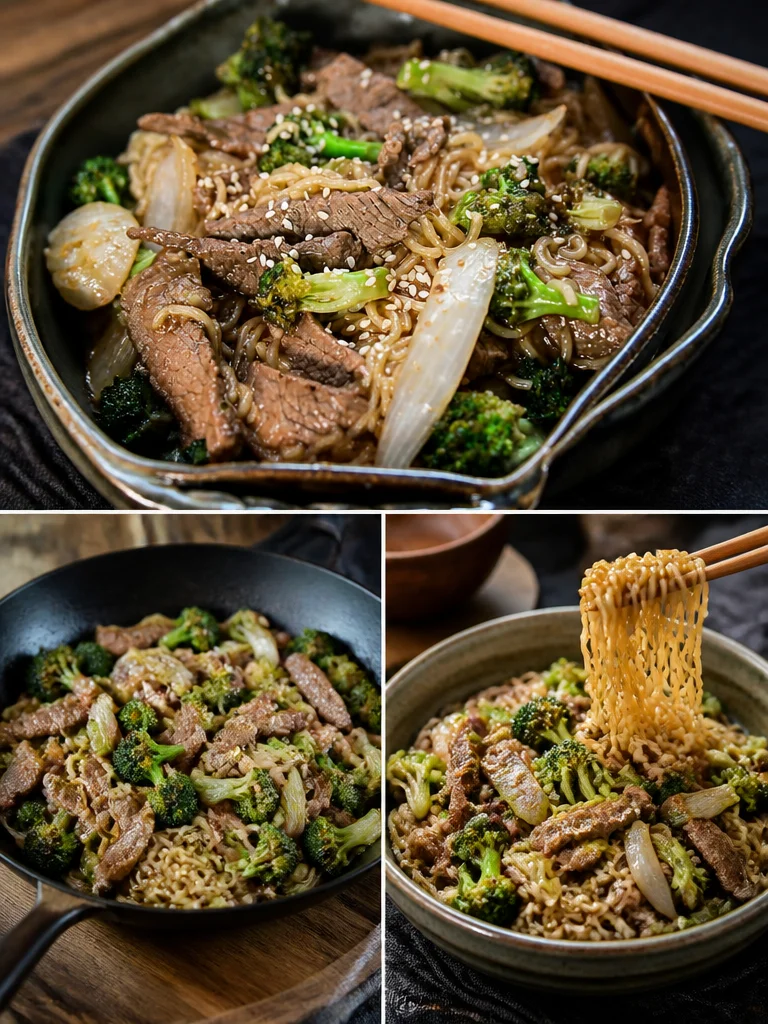 Easy Skillet Bean and Broccoli Ramen Recipe Easy skillet bean and broccoli ramen recipe on a plate