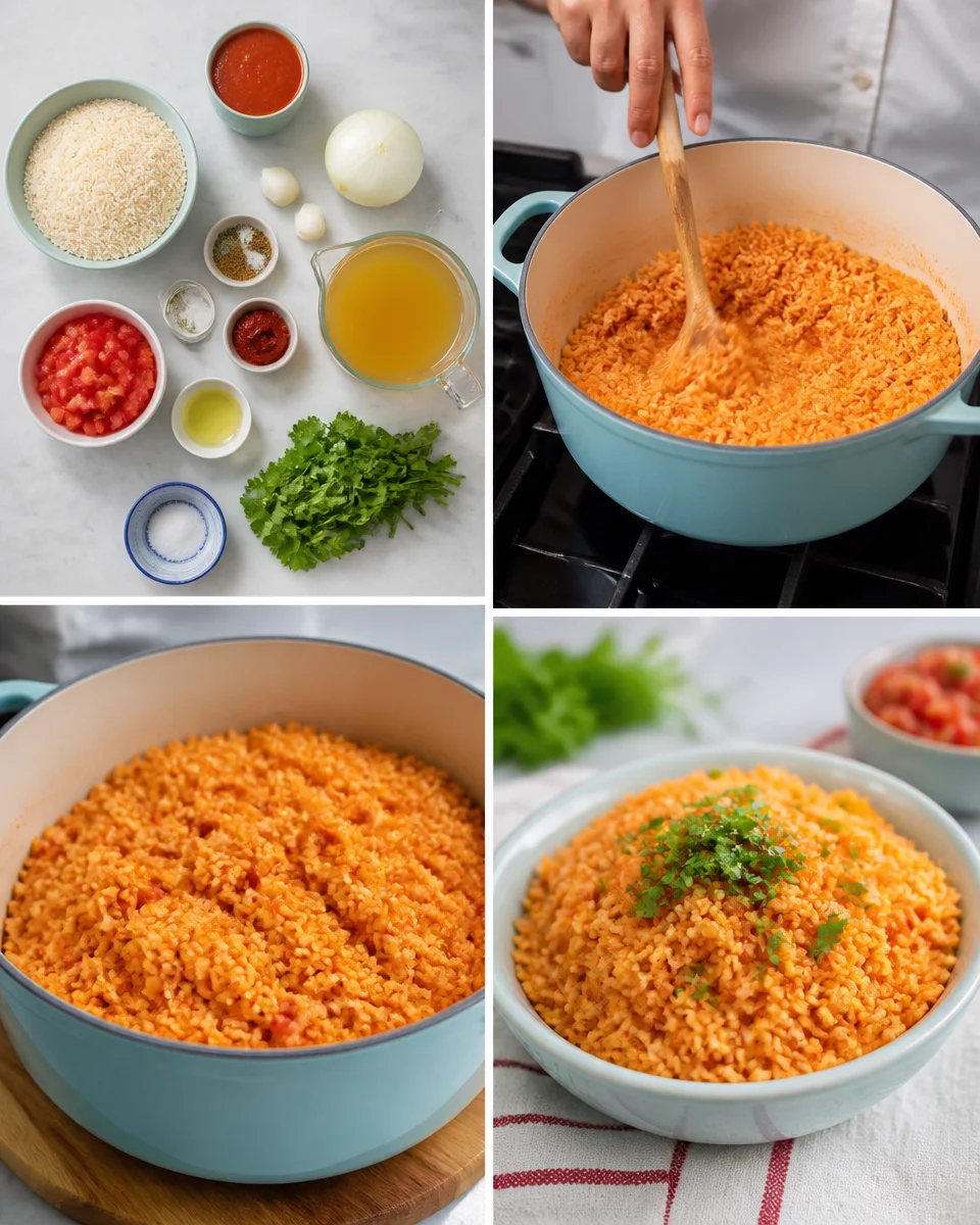 Easy Spanish Rice Bowl of easy Spanish rice garnished with herbs and served with vegetables.