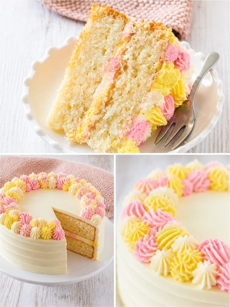 Fluffy vanilla cake with frosting on a cake stand