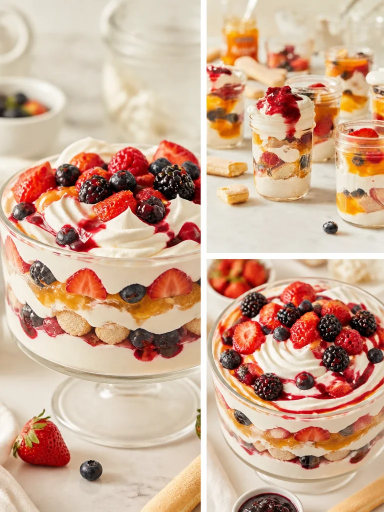 Fresh Fruit Berry Trifle with Apricot Balsamic Sauce served in a glass dish