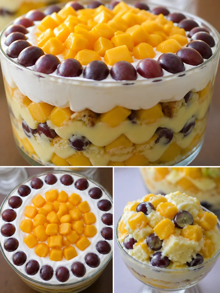 Delicious fruit trifle dessert with layers of fruit, cream, and cake.