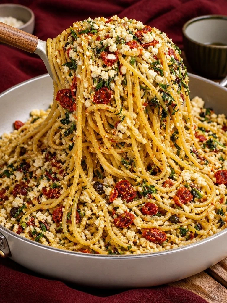 Plate of Greek Spaghetti topped with feta cheese and olives