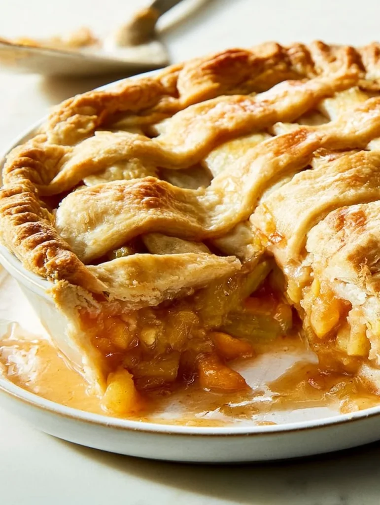 Slice of homemade Green Tomato Pie with fresh green tomatoes and spices