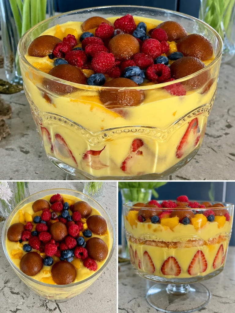 Delicious Gulab Jamun Trifle topped with fruits and gulab jamun layers