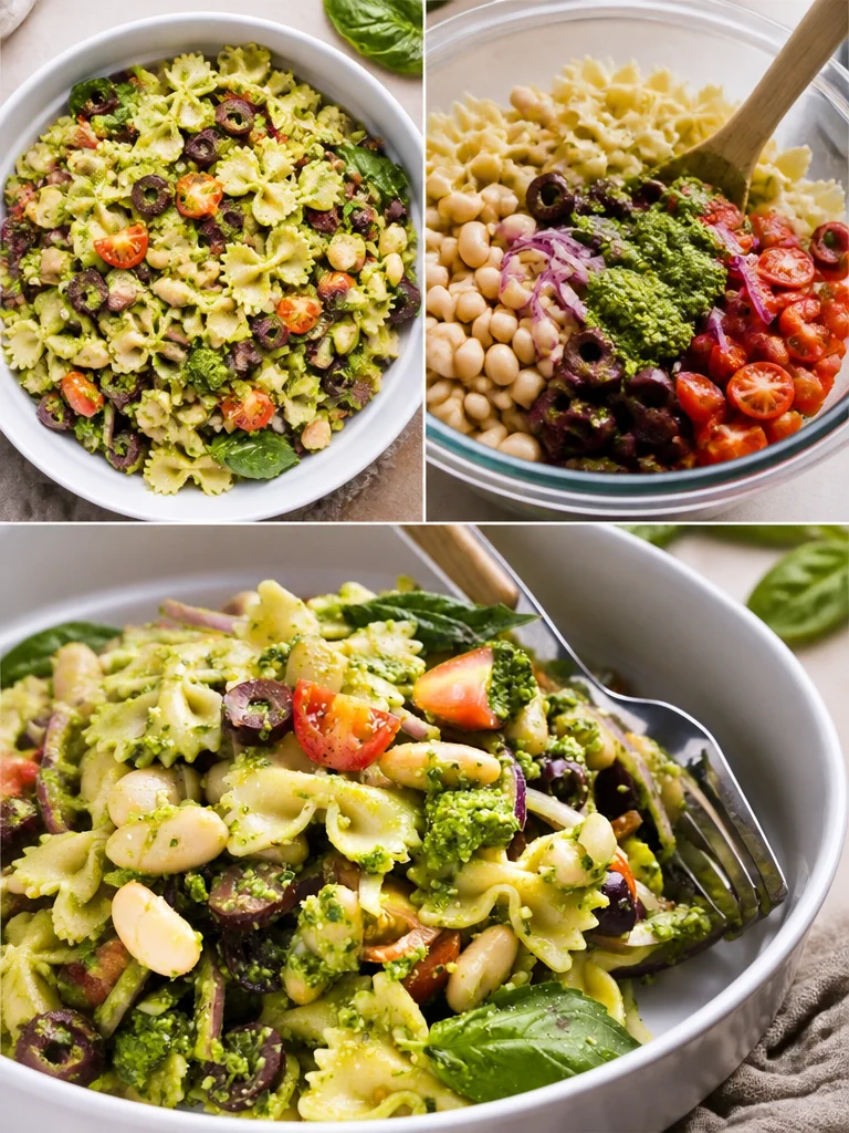 Healthy basil pesto pasta salad with vegetables and white beans