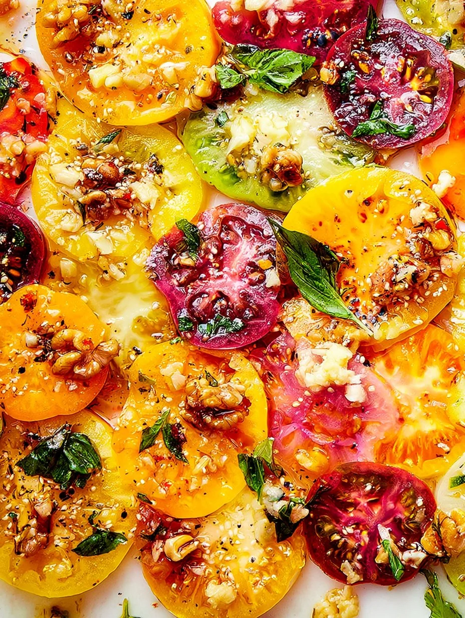 Heirloom tomato salad with sweet lemon dressing served in a bowl