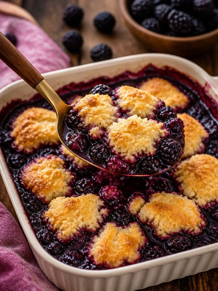 Delicious homemade blackberry cobbler served in a rustic dish.