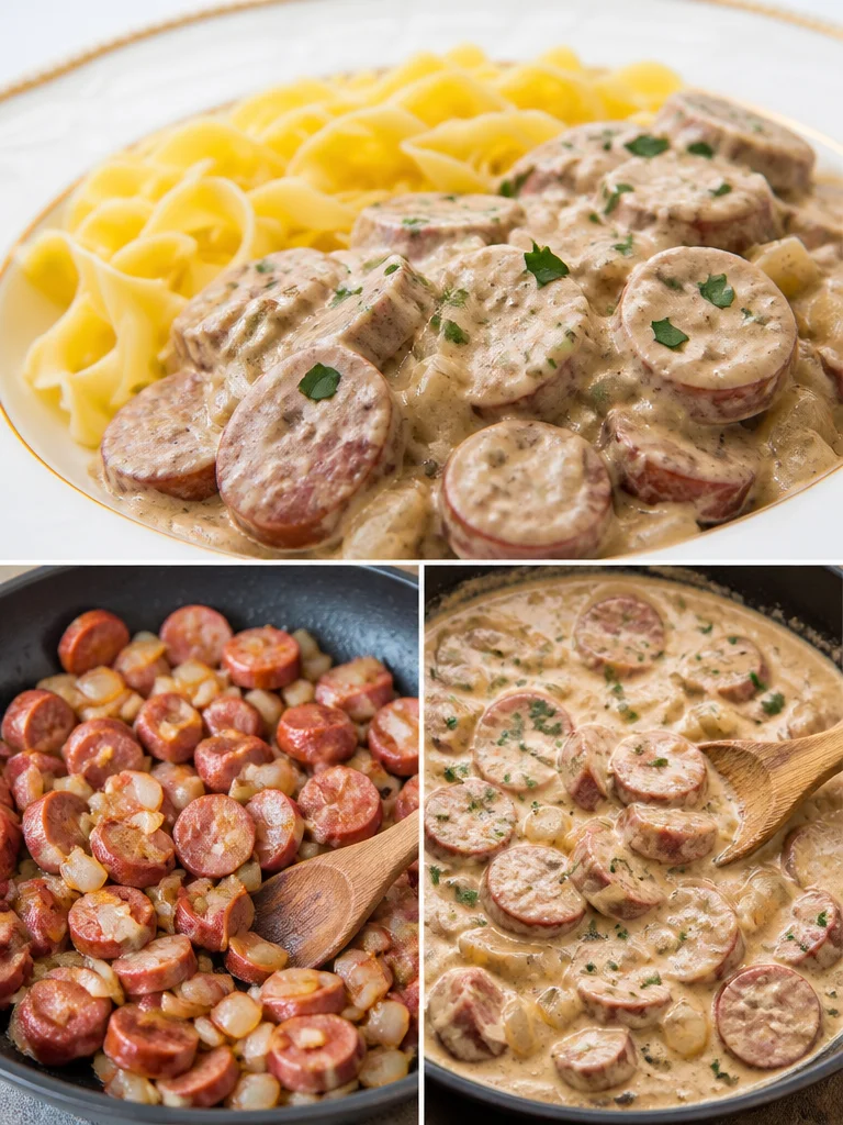 Delicious Hot Dog Stroganoff served in a bowl with creamy sauce and pasta
