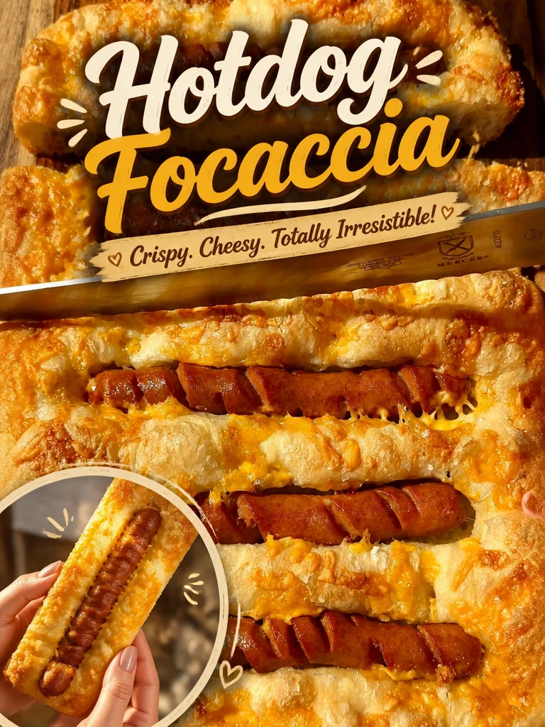Hotdog Focaccia Delicious hotdog focaccia topped with sausages and herbs on a wooden board.