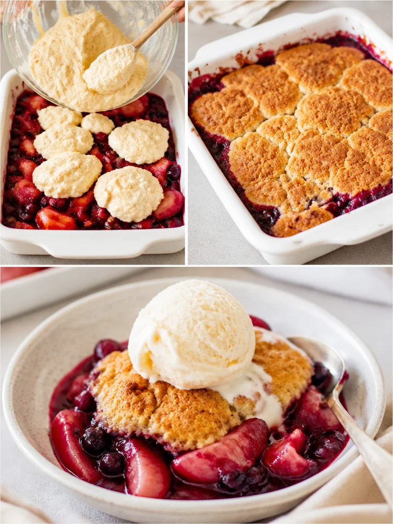 Delicious homemade fruit cobbler with fresh fruit topping