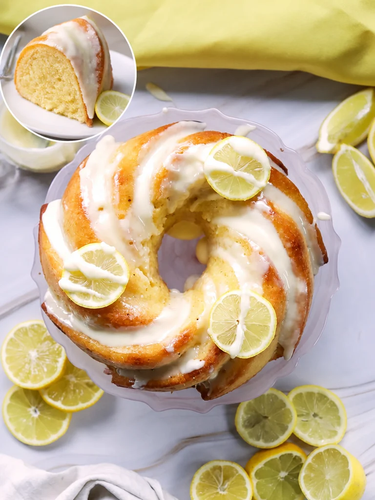 If you like LEMON desserts, this LEMON BUNDT CAKE is for you!! Sweet with all the lemon flavors you could want! Recipe is below! Lemon bundt cake with icing on a white plate, showcasing its beautiful texture