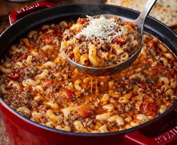 Bowl of delicious old fashioned goulash with pasta and ground beef