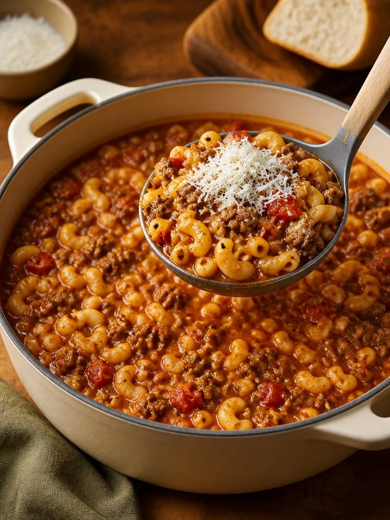 Incredible Old Fashioned Goulash Delicious Old Fashioned Goulash served in a bowl with garnish.