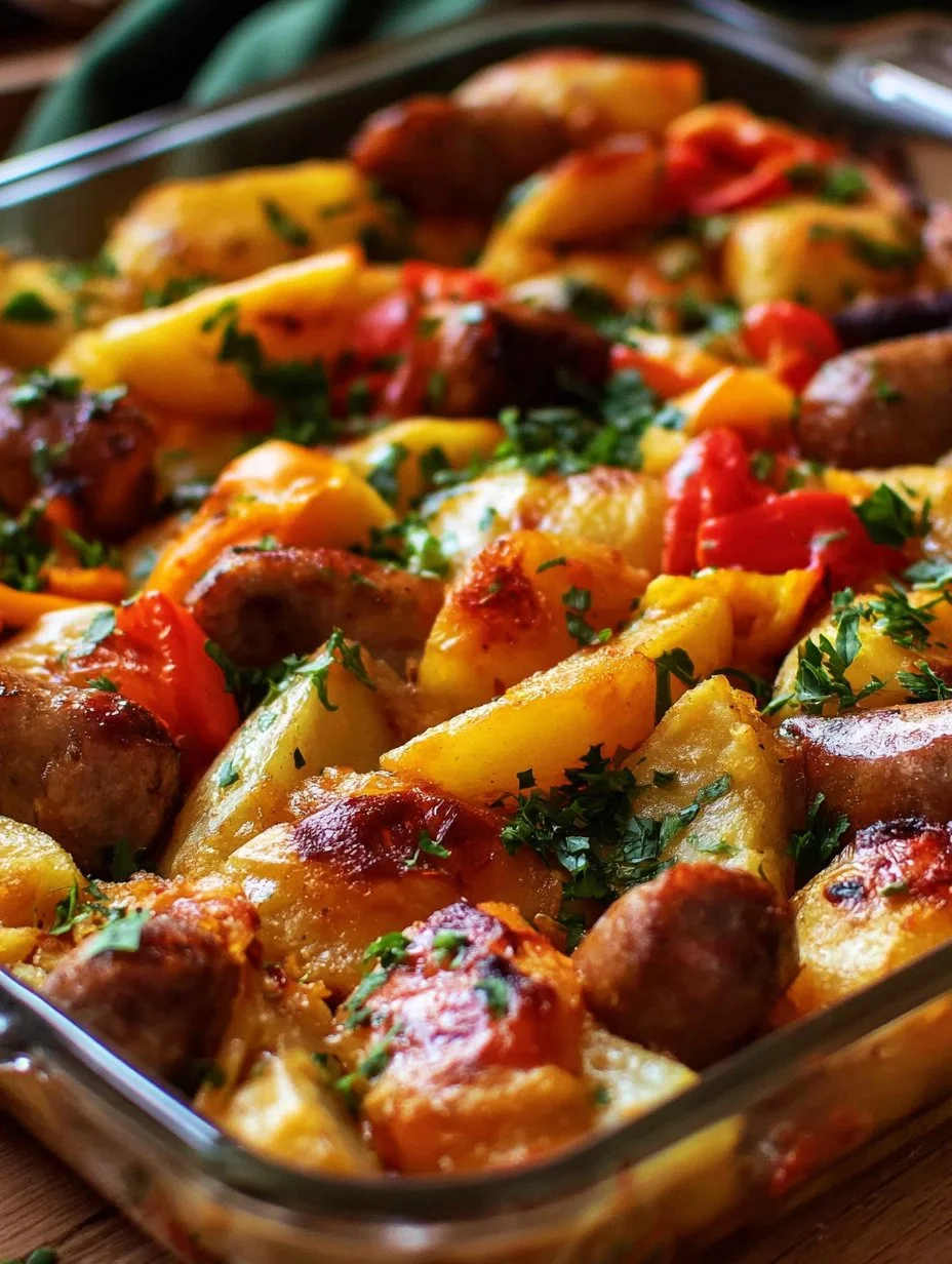 Italian Sausage, Potatoes, Peppers and Onions Dish of Italian sausage with potatoes, peppers, and onions served on a plate.