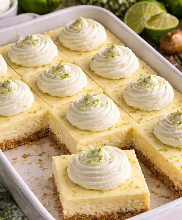 Delicious key lime cheesecake bars topped with lime zest